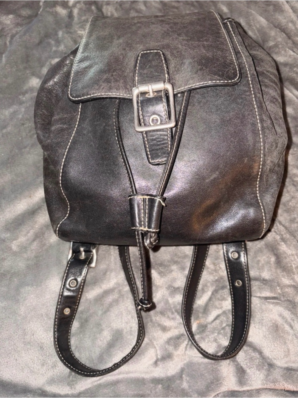 Coach Black Leather Drawstring Backpack with Buckle